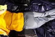 Samanthy bound and gagged in shiny nylon rainwear
