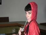 Jill Diamond wearing supersexy red rainwear in her bar playing with herself (Video)