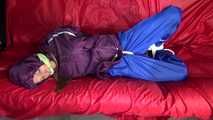 SANDRA being tied and gagged on a sofa with ropes and a clothgag wearing a sexy blue shiny nylon rain pants and a purple rain jacket  (Video)