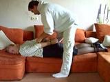 Hogtied on the couch