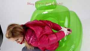 Samantha tied and gagged in a shiny nylon down jacket and nylon rainpants