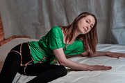 Shibari jute karada in green shirt and black leggings