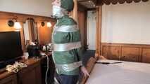 Rachel Adams Poletied and Pantygagged in shiny nylon Rainwear left for desperate struggeling