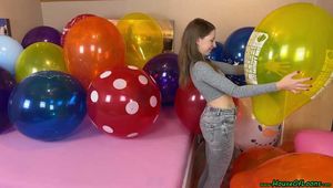 girlfriend pops your big balloons with wooden stick, fingernails and lighter