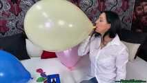 sexy preparing U16 balloons with electrical pump and popping them