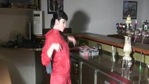 Jill Diamond wearing supersexy red rainwear in her bar playing with herself (Video)
