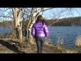 Alina walking in a lake wearing a supersexy purple down jacket and a jeans (Video)