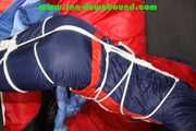 Sexy Sonja wearing a sexy oldschool shiny nylon downbib and donjacket being tied and gagged with ropes overhead (Pics)