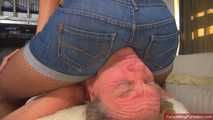 Pam's facesitting lesson in jeans-hotpants