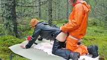 Rainwear sex in the forest