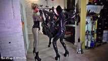 Three rubber goddesses gangbang a poor,bound slave
