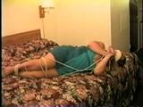BBW MICHELLE IS WRAP VET TAPE GAGGED, CLEAVE GAGGED, BAREFOOT, TOE-TIED & BOUND UP ON THE BED (D47-13)