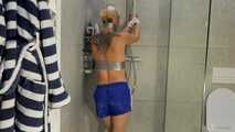 Myxxxy wetting her shiny nylon Shorts