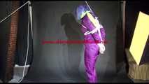 MARA tied and gagged overhead with ropes and a cloth gag wearing a super sexy super shiny purple rainsuit and blue rubber boots (Video)