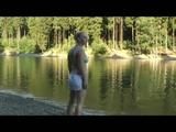 Jenny swimming in the sea wearing sexy shiny nylon shorts and a bikini top (Video)