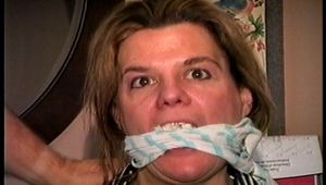 38 Yr OLD SOCIAL WORKER GETS CLEAVE GAGGED, PANTIES TAKEN OFF AND STUFFED IN MOUTH, HANDGAGGED, WRAP DUCT TAPE GAGGED, TIED UP WITH DUCT TAPE ON TOILET (D72-1)