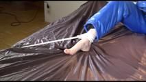 Mara tied, gagged and hooded on bed with cuffs wearing a sexy blue downwear combination (Video)