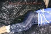 ***SEXY SANDRA*** wearing a supersexy skinny shiny nylon pants and a lightblue shiny nylon rain jacket being bound on a sofa with ropes and a ball gag (Pics)
