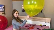girlfriend pops your big balloons with wooden stick, fingernails and lighter