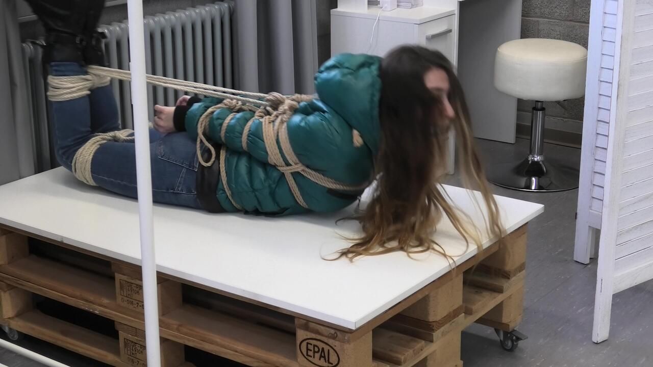 Poor Rey Got Catched By A Mean Couple Which Heavily Tied And Gagged Her In Her New Shiny Down Jacket. They Stored Her On A Rolling Table And Gave Her Some Bad News Before Rey Got Tickeled, Laughing In Her Pantygag