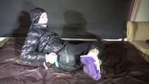 Ronja being tied and gagged with ropes and a ballgag in shiny nylon rainwear and downwear (Video)