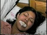18 Yr OLD AMERICAN INDIAN COLLEGE STUDENT IS MOUTH STUFFED, HANDGAGGED, DUCT TAPE GAGGED, BAREFOOT, TOE TIED UP ON HER DORM ROOM FLOOR (D61-10)