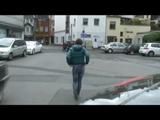 Alina walking on the street cruising around wearing sexy shiny nylon shorts under her jeans and a rain jacket (Video)