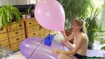 topless inflating balloons with the pump and popping them with the lighter