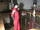 Jill Diamond wearing supersexy red rainwear in her bar playing with herself (Video)