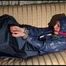 Mara tied, gagged and hooded on an old sofa wearing a cool blue rain skirt and a jacket as well as rubber boots (Video)