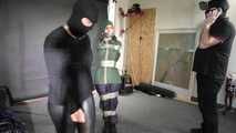 Rey Sanson broke into the wrong House getting bound and gagged in her Rainwear by to other Burglers