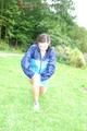 Enni wearing sexy blue shiny nylon shorts and rainjacket during her warm-up (Pics)
