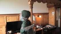 Rachel Adams Poletied and Pantygagged in shiny nylon Rainwear left for desperate struggeling