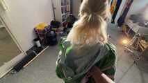 Alice bound and gagged in shiny nylon Shorts and Rainjacket