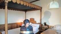 Rachel Adams bound, pantygagged and pantyhooded in shiny nylon Rainwear