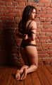 Barefoot Gwen in bra and panties, hogtied on the floor