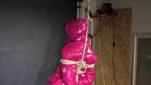 Rachel Adams bound, Pantygagged and Pantyhooded in a shiny nylon Downjacket