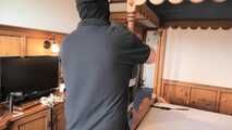Rachel Adams Poletied and Pantygagged in shiny nylon Rainwear left for desperate struggeling