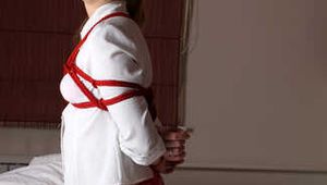 Albina Rose: barefoot girl in white shirt and red panties, with her hands tied up behind her back, poses to the camera without rope on her legs, and then frogtied
