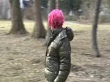 Marlin wearing sexy shiny nylon downwear and a jeans going for a walk (Video)