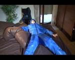 Jill posing infront of and in bed wearing ONLY a sexy blue downwear combination (Video)