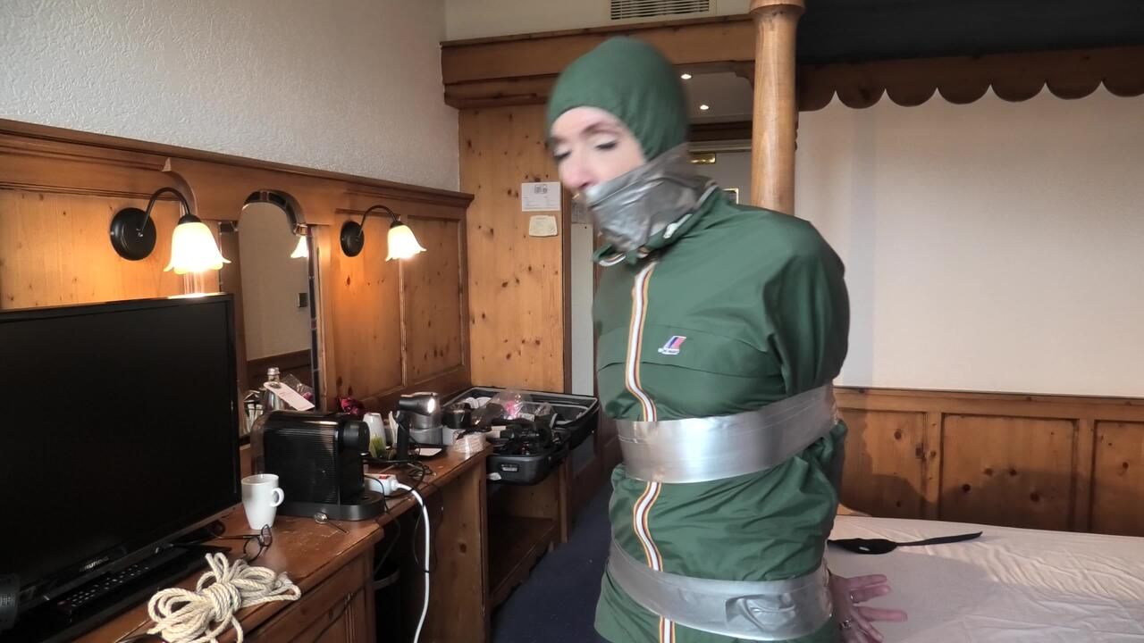 Rachel Adams Poletied And Pantygagged In Shiny Nylon Rainwear Left For Desperate Struggeling