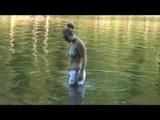 Jenny swimming in the sea wearing sexy shiny nylon shorts and a bikini top (Video)