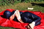 Julia tied and gagged in shiny nylon clothes