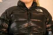 Inga in shiny Northface Nuptse and black shiny nylon downpants