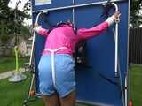 Watch Sandra enjoying Bondage in her shiny nylon Shorts in the Garden Pantyhooded finally