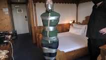 Rachel Adams Poletied and Pantygagged in shiny nylon Rainwear left for desperate struggeling