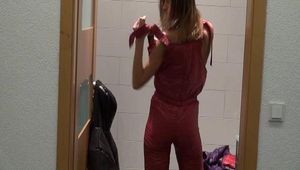 Alina wearing a supersexy crazy sensation down combination posing in front of a mirror (Video)