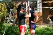 Jill tied and gagged by her friend in shiny nylon shorts