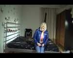 Pia wearing a shiny nylon rain pants and a bra dressing herself with a blue PAMY down jacket and lolling on bed (Video)